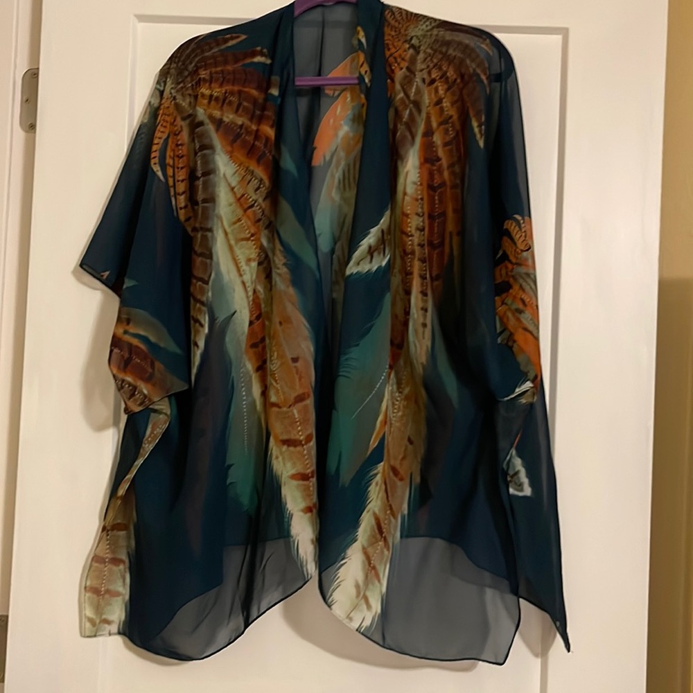 Dark teal feather print kimono